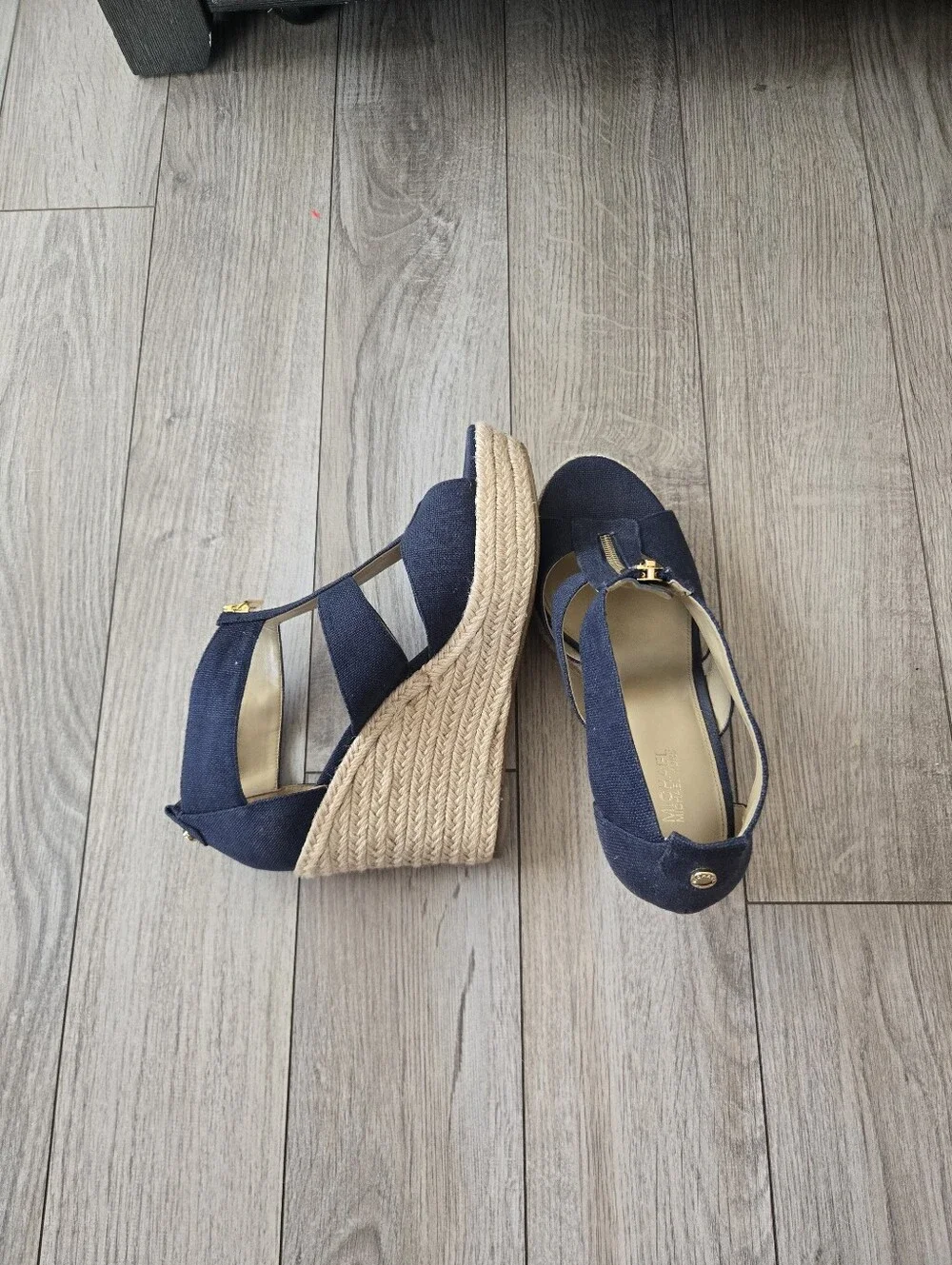 Michael Kors Damita Navy Canvas Espadrille Wedge Sandals Gold Zip Women's 8